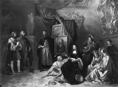 Leonardo da Vinci schildert de Gioconda, gegraveerd door Lemoine, 1845 door Aimee Brune